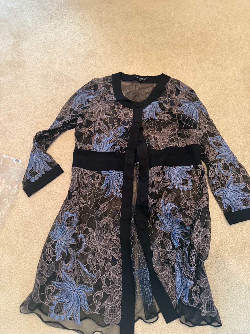 Embroidered Sheer Floral Cardigan - Black with Blue Accents